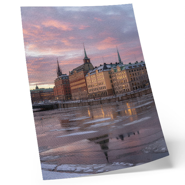 Premium stenski plakat Mestna panorama sončnega zahoda ledeni drobci