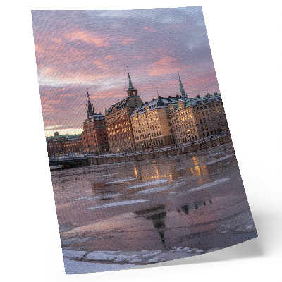 Premium stenski plakat Mestna panorama sončnega zahoda ledeni drobci