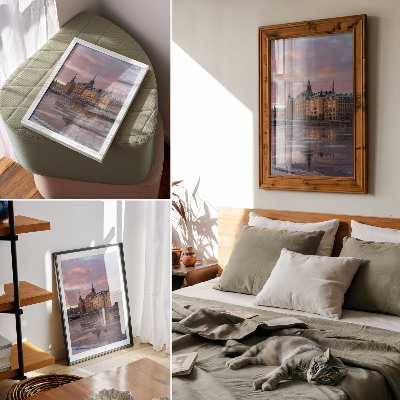 Premium stenski plakat Mestna panorama sončnega zahoda ledeni drobci
