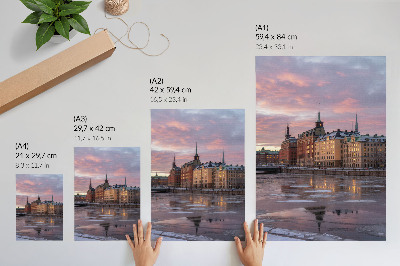 Premium stenski plakat Mestna panorama sončnega zahoda ledeni drobci