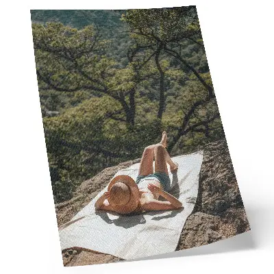 Eleganten plakat za dnevno sobo sproščanje na skali obkroženo z zelenimi drevesi v naravi