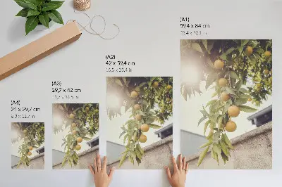 Plakat z motivom drevesne veje s soncem, zelenimi listi in oranžnimi detajli