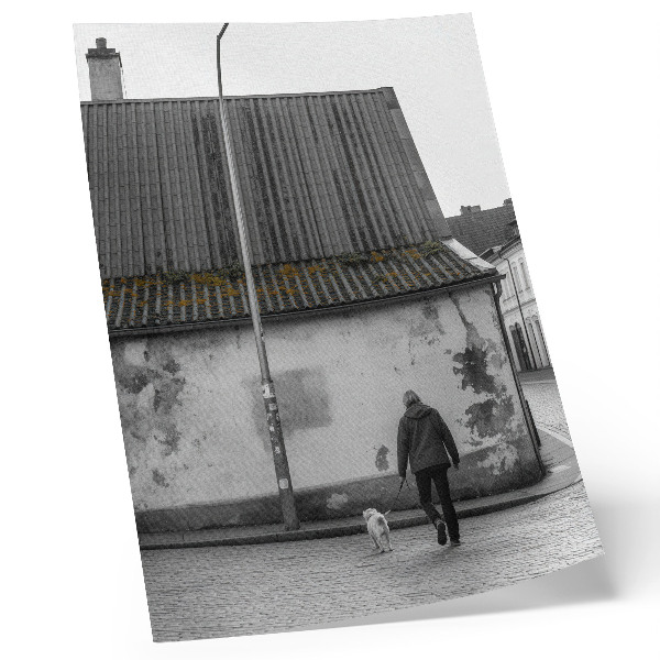 Premium stenski plakat Oseba s psom pred staro stavbo
