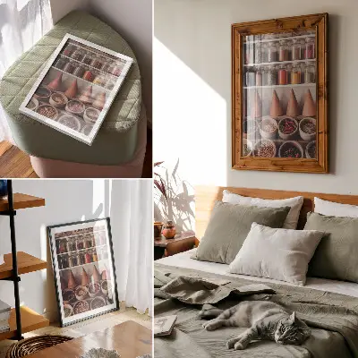 Plakat začimbe v kozarcih lesen in keramičen dizajn v toplih barvah za dnevno sobo