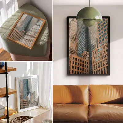 Plakat s sodobnimi nebotičniki geometrijske oblike v elegantnem slogu