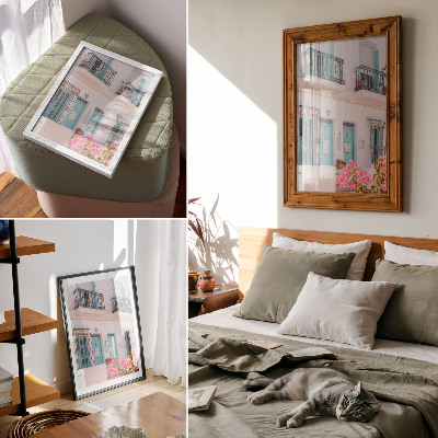 Premium stenski plakat Pastelno modre barve, podrobnosti balkona, rože