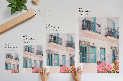 Premium stenski plakat Pastelno modre barve, podrobnosti balkona, rože