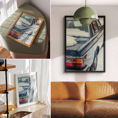 Premium stenski plakat Retro avto v snežno modrem belem ozadju