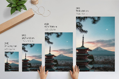 Plakat Pagoda v ozadju gora odtenki neba harmonija