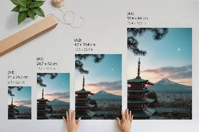 Plakat pagoda z goro v ozadju v barvnih odtenkih neba za harmonijo
