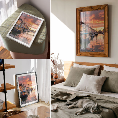 Premium stenski plakat Barvite stanovanjske hiše, odsevi vode, toplina neba