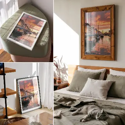Premium stenski plakat barvite stanovanjske hiše z odsevi v vodi in toplimi toni neba