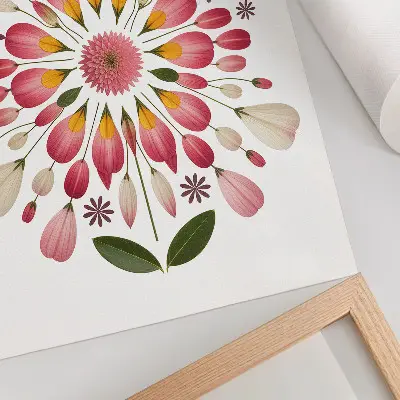Plakat cvetlična mandala s simetričnim motivom v roza, krem in zeleni barvi