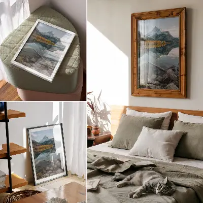 Premium stenski plakat z motivom gora, jezera, dreves in mirnega odseva v naravi