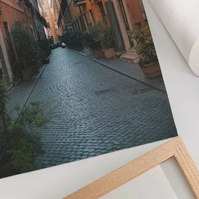 Stenski plakat očarljiva ulica z lončki za rastline v toplih barvnih odtenkih