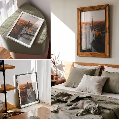 Plakat jesensko mesto ob sončnem zahodu za harmonijo v prostoru