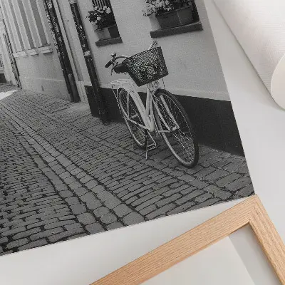 Umetniški tisk na platno ulica s stanovanjskimi hišami, rožami in kolesom v črno-beli barvi