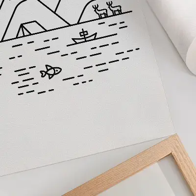 Plakat z minimalističnim motivom gora, jezera in živali vrhunski stenski plakat