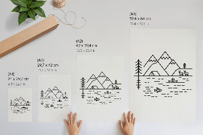 Premium stenski plakat Minimalistične linije gora jezero živali