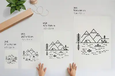 Plakat z minimalističnim motivom gora, jezera in živali vrhunski stenski plakat