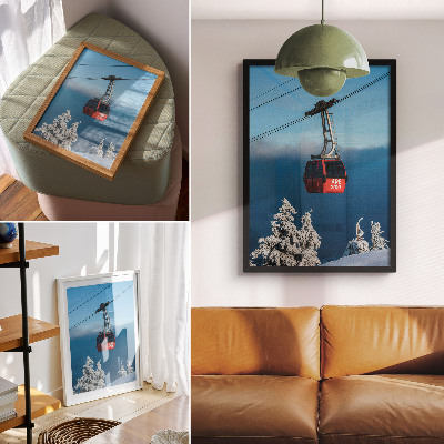 Eleganten plakat za dnevno sobo Zimska pokrajina rdeča gondola bela drevesa