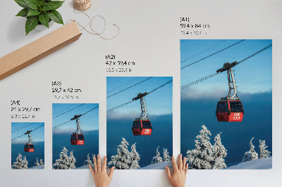 Eleganten plakat za dnevno sobo Zimska pokrajina rdeča gondola bela drevesa