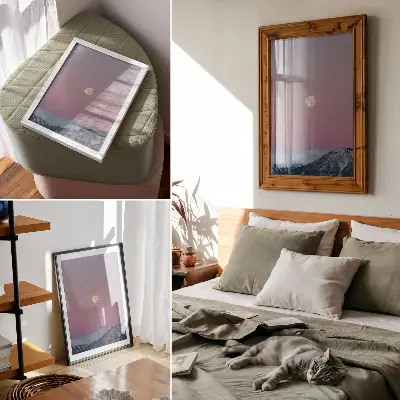 Plakat gore, mrak, luna in pastelno nebo
