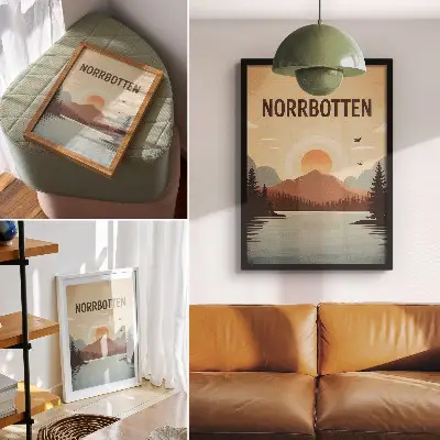 Eleganten plakat za dnevno sobo pokrajina z jezerom, gorami, sončnim zahodom in drevesi v turkiznih ter bež odtenkih