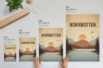 Eleganten plakat za dnevno sobo pokrajina z jezerom, gorami, sončnim zahodom in drevesi v turkiznih ter bež odtenkih