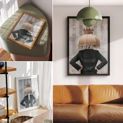 Premium stenski plakat prefinjen senčnik, elegantna obleka in kontrast tekstur