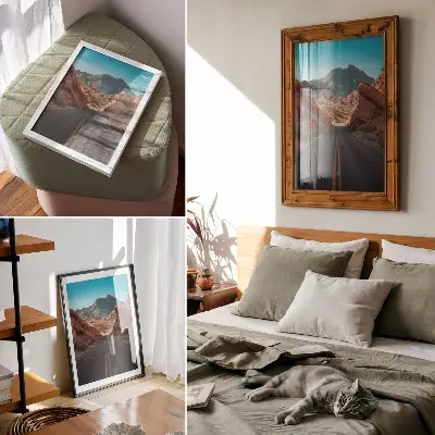 Stenski plakat cesta s pogledom na skalnate gore pod modrim nebom