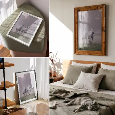 Plakat beli konji v jutranji megli z motivi vesoljske narave