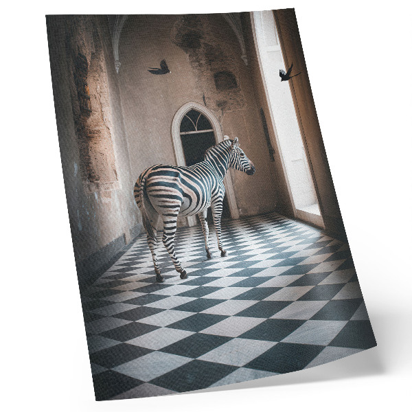 Umetniški tisk na platno Zebra na ozadju arhitekture s pticami v letu