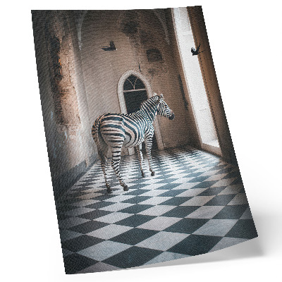 Umetniški tisk na platno Zebra na ozadju arhitekture s pticami v letu