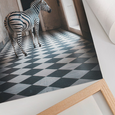 Umetniški tisk na platno Zebra na ozadju arhitekture s pticami v letu