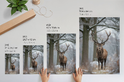 Premium stenski plakat Jelen v veličastnem zimskem gozdu v odtenkih sive