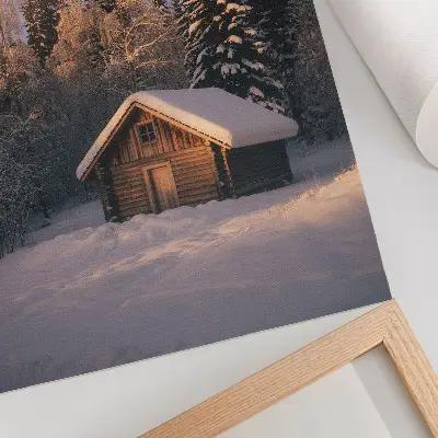 Plakat zimski gozd z leseno kočo za pridih miru in harmonije narave
