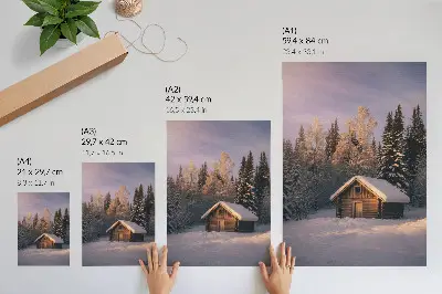 Plakat zimski gozd z leseno kočo za pridih miru in harmonije narave