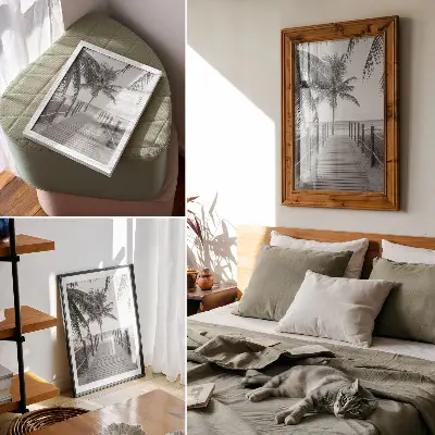 Premium stenski plakat tropski pomol s palmami, peskom in neskončnim obzorjem