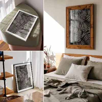 Eleganten plakat za dnevno sobo čutna praprot v črno-beli barvi s pridihom simetrije in elegance