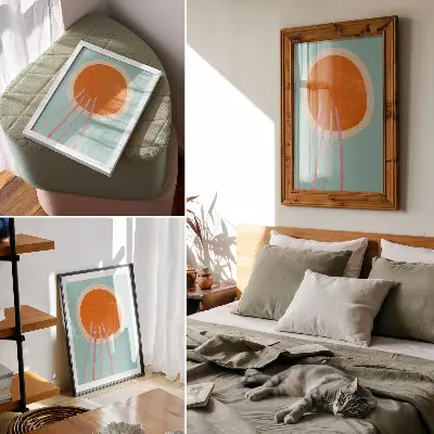 Eleganten plakat za dnevno sobo z oranžnim krogom na turkiznem ozadju z roza črtami