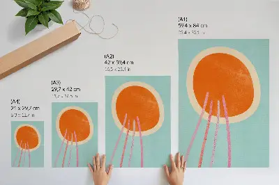 Eleganten plakat za dnevno sobo z oranžnim krogom na turkiznem ozadju z roza črtami