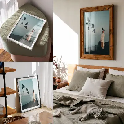 Premium stenski plakat nadrealističen motiv ženske s kovčkom, pticami in nebom