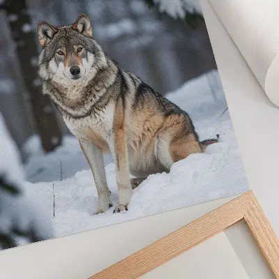 Plakat volk v zimskem gozdu, ki izraža eleganco in tišino narave