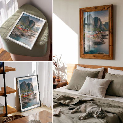 Plakat Očarljive hišice, mirno morje in veličastne gore
