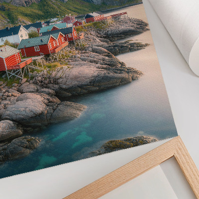 Plakat Očarljive hišice, mirno morje in veličastne gore