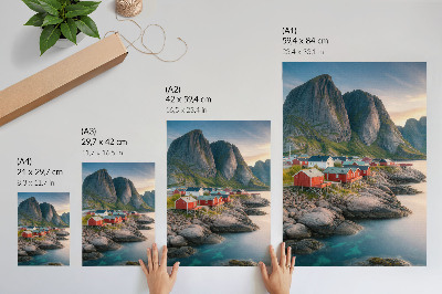 Plakat Očarljive hišice, mirno morje in veličastne gore