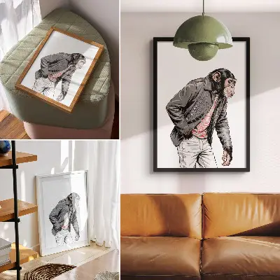 Premium stenski plakat elegantni šimpanz v kontrastni grafični jakni