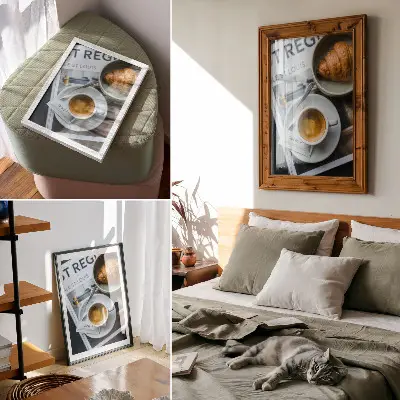 Plakat črno-belo ozadje s kavo in rogljičkom za pridih elegance in sprostitve