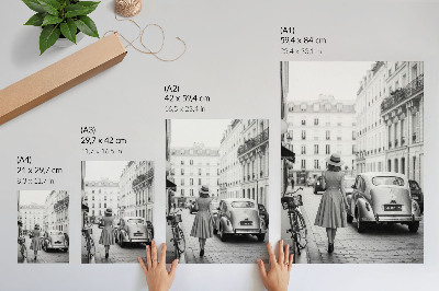 Premium stenski plakat Retro čar ženske v mestnem klasičnem avtomobilu